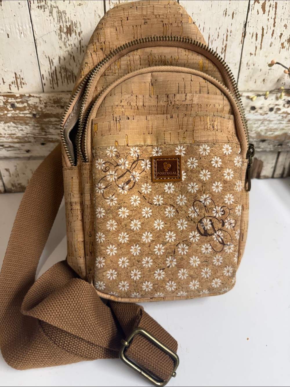 Cork Floral Crossbody Bag in Tan